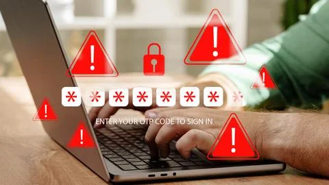 Scam message warns users to enter OTP code while typing on a laptop Stock Photos