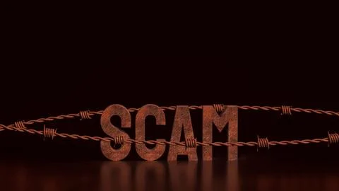 The Scam rusty and barbed wire on Black background 3d Rendering. Stock Photos