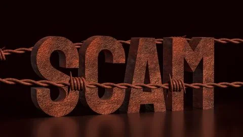 The Scam rusty and barbed wire on Black background 3d Rendering. Stock Photos