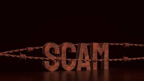 The Scam rusty and barbed wire on Black background 3d Rendering. Stock Photos