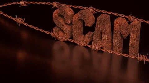 The Scam rusty and barbed wire on Black background 3d Rendering. Stock Photos