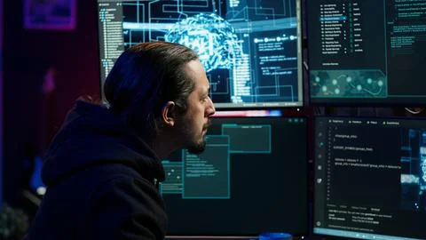 Scammer in apartment doing fraud using AI, close up Stock Photos