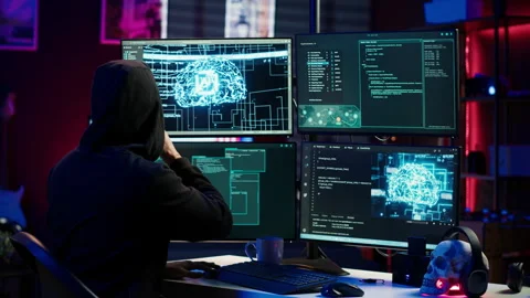 Scammer commits fraud using AI and spyware software Video stock 275756899