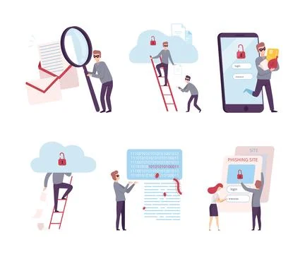 Scammer stealing personal privacy data from smartphone and computer set 库存插图