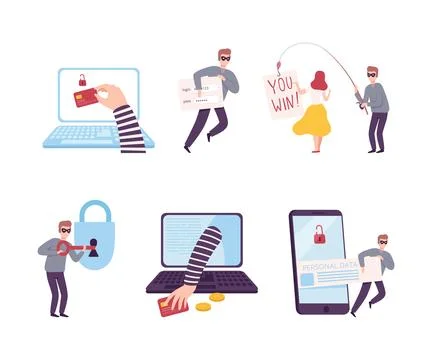 Scammer stealing personal privacy data and money from smartphone and computer 스톡 일러스트