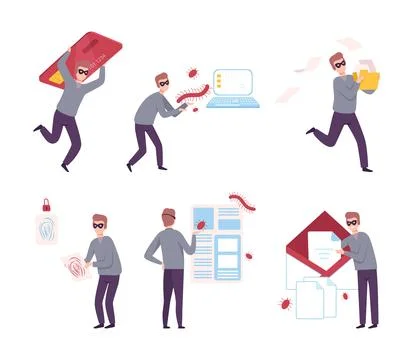 Scammer stealing personal privacy data and money from smartphone and computer Stockillustratie