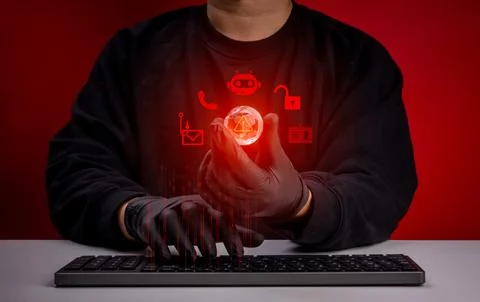 Scammer using computer, AI technology to tricks, holding glass globe showin.. 스톡 사진