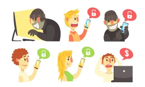 Scammers Hack Computers And Phones To Steal Personal Data And Money, Cyber Illustrazione stock