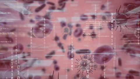 Scan activating, HUD panels sliding and binary flow over drifting cell cluster Stock Footage 334788651