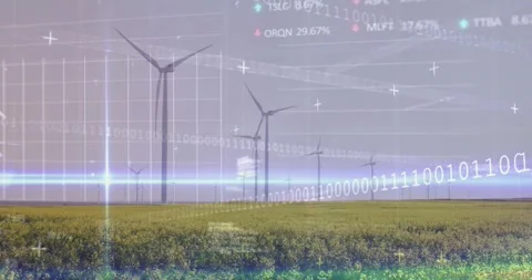 Scan band activating, wind turbines rotating while data overlays scrolling, Stock Footage 330917745