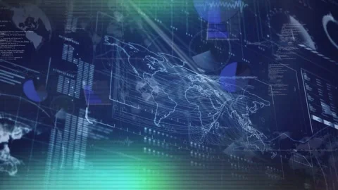 Scan band sweeping, wireframe world map pulsing while UI panels scrolling, Stock Footage 334788709