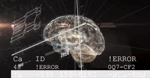 Scan bar starting translucent brain rotating on timeline axis while ID codes 스톡 일러스트