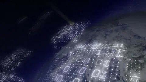 Scan beam appearing triggers 3D panels forming and drifting in Earth orbit while Video stock 312230124