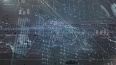Scan beams sweeping, world-map overlay appearing and aligning HUD panels, Stock Footage 326975068