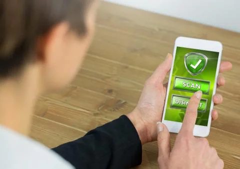 Scan button and security protection shield with correct tick on phone Stock Photos