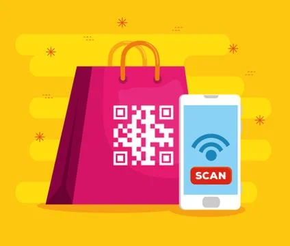 Scan code qr in bag shopping with smartphone Illustrazione stock