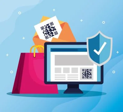 Scan code qr with computer and icons Illustrazione stock