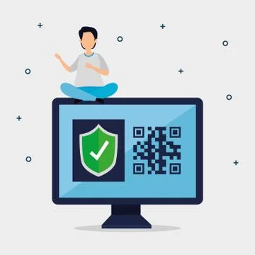 Scan code qr in computer with man and icons Stock-Illustration