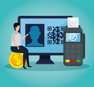 Scan code qr in computer with man and icons 스톡 일러스트