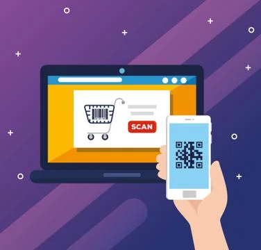 Scan code qr with laptop computer and icons 스톡 일러스트