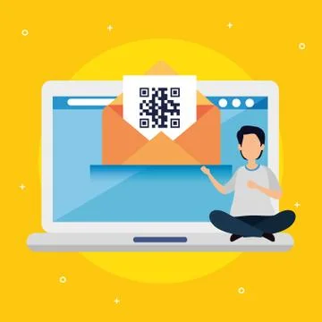 Scan code qr in laptop with man and icons Illustrazione stock