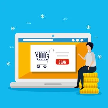 Scan code qr in laptop with man and icons Stock Illustration