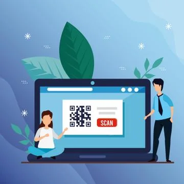 Scan code qr in laptop with man and icons Stock Illustration