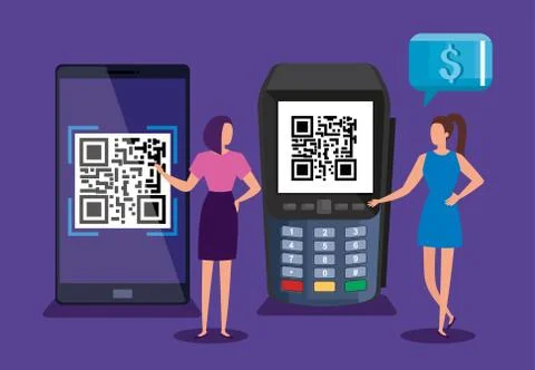 Scan code qr smartphone and dataphone with business women Stock-Illustration