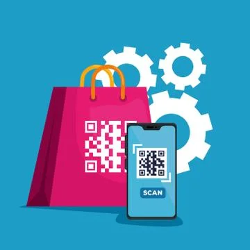 Scan code qr with smartphone and bag shopping 스톡 일러스트