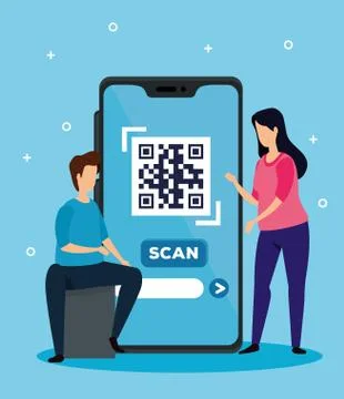 Scan code qr with smartphone and business couple Stock Illustration