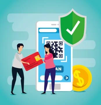 Scan code qr with smartphone and business couple Stock Illustration