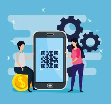 Scan code qr with smartphone and business couple Stock Illustration