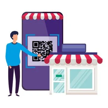 Scan code qr in smartphone with businessman and store Stock Illustration