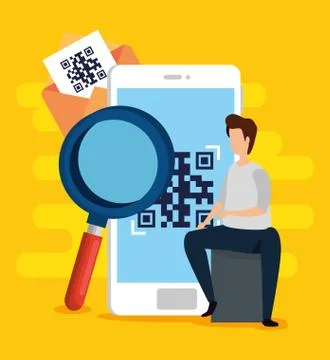 Scan code qr in smartphone with man and icons Stock Illustration