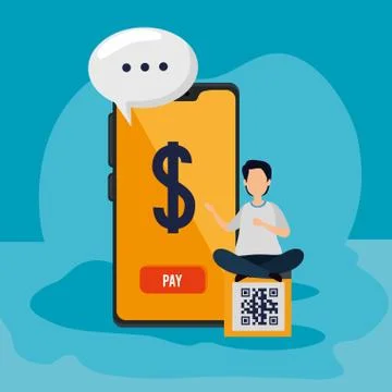 Scan code qr in smartphone with man and icons Illustrazione stock