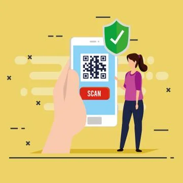 Scan code qr in smartphone with woman and icons 스톡 일러스트