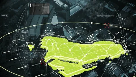 On scan command neon 3D Africa map rotating, pulsing nodes showing network flow Stock Footage 337904974