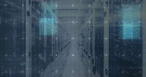 On scan command, server aisle rendering HUD, teal blocks drifting, overlay Stock Footage 320725774