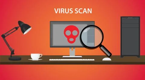 Scan computer virus with red skull and pc Stock Illustration