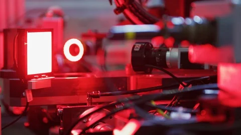 Scan Control in High Tech Production Plant - Computerized Chip Manufacturing Stock Footage 98653690