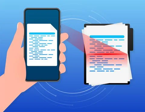 Scan document Smartphone. Text scanner. Mobile phone in hand. 库存插图