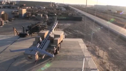 The Scan Eagle, a new type of small drone is used by the U.S. military for Stock Footage 123368727