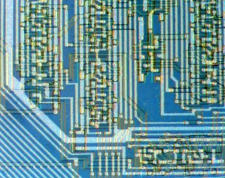 A scan from an electron microscope of an integrated circuit on a wafer used i Stock Photos