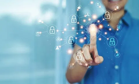 Scan finger  Data security concept, Woman scan finger print unlock on digit.. Stock Photos