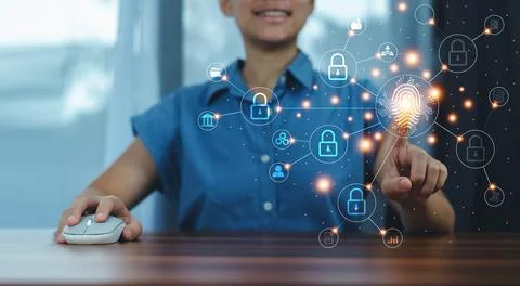 Scan finger  Data security concept, Woman scan finger print unlock on digit.. Stock Photos