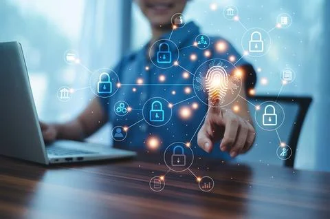 Scan finger  Data security concept, Woman scan finger print unlock on digit.. Stock Photos