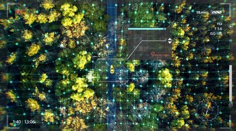 Scan focus lock target car vehicle in forest top drone view HUD. graphic for  Stock Illustration