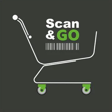 Scan &amp; Go vector illustration with barcode and trolly Stock Illustration