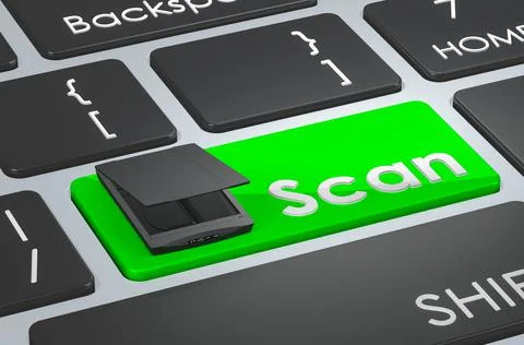 Scan green key. Flatbed scanner on keyboard. 3D rendering Stock Illustration