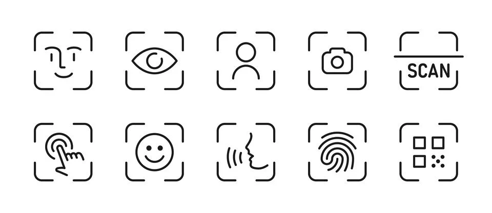 Scan icon set. Biometric frames for face, eye, fingerprint, touch and voice.. Stock Illustration